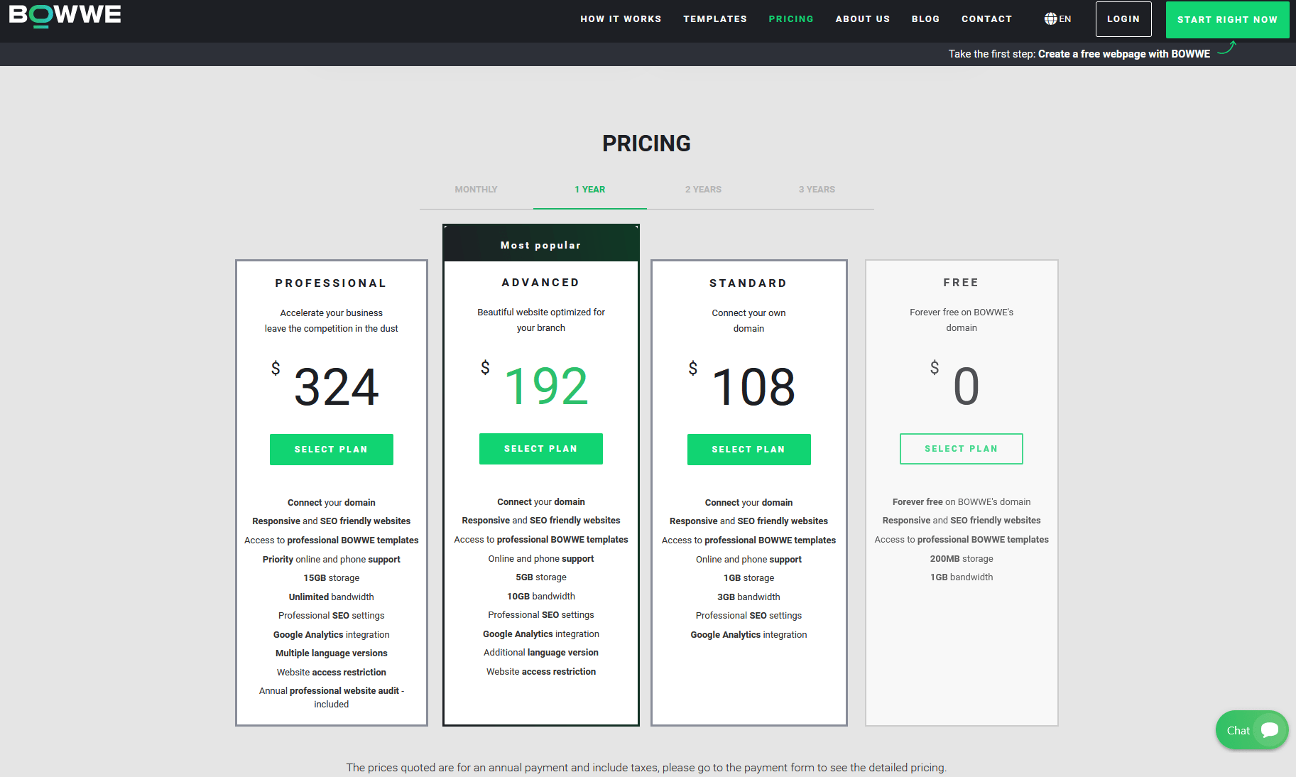 Screenshot - BOWWE Pricing